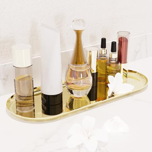 AquaChase Golden Bathroom Sink Vanity Decorative Tray, 12in Oval Trinket Storage for Dresser Counter, Stainless Steel Decor Jewelry Dish Tray, Perfume Candle Key Valet Organizer
