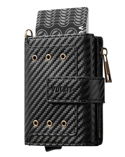 Image of VULKIT Leather Card Holder Wallet for Men RFID Blocking, ID Window, Zipper Pocket for Coins and Compartment for Bills/Banknotes, Carbon Black