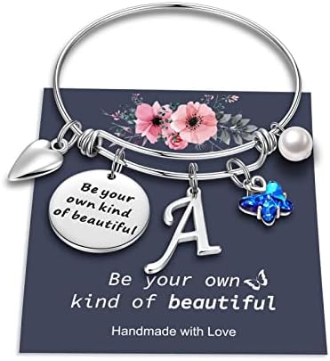 Yoosteel Butterfly Charm Bracelets for Women Girls, Stainless Steel Bangle Bracelet Expandable A Letter Initial Blue Crystal Charm Butterfly Bracelets for Women Girls Butterfly Gifts