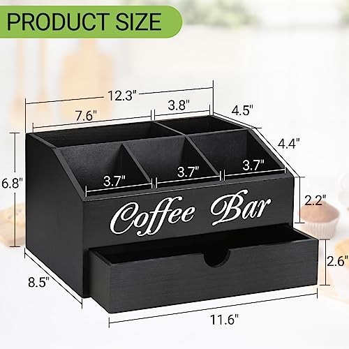 Coffee Bar Organizer Countertop, Wooden Bar Accessories With Drawer, Coffee Station Organizer Pods Holder Storage Basket, Farmhouse Tea Condiment Station
