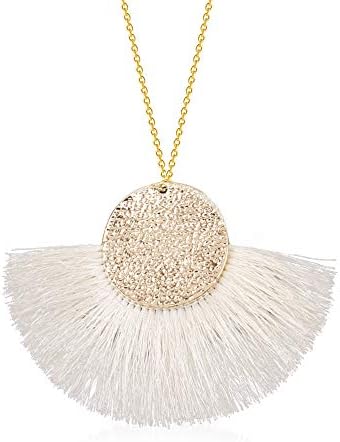 YOOE Long Chain Fan-shaped Tassel Necklace. Bohemian Round Metal Silk Thread Fringe Necklace,Ethnic Style Collar Necklace for Women (White)