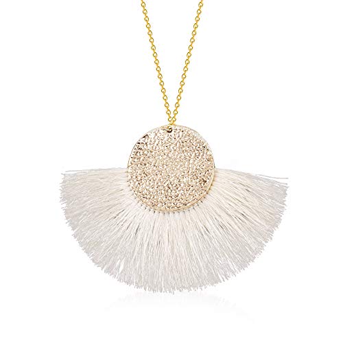 Yooe Long Chain Fan-Shaped Tassel Necklace. Bohemian Round Metal Silk Thread Fringe Necklace,Ethnic Style Collar Necklace For Women (White) #TOP3