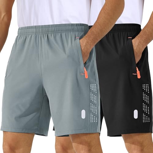 Zoofly Mens Running Shorts Fitness Training Shorts 2 Pack Men Exercise Basketball Soccer Golf Pants Breathable Black/Light Gray-L