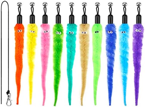 MeoHui Cat Wand Toys Refills, Cat Feather Toys Accessories, 10PCS Squiggly Worms Replacements and 1PC Replacement String for Cat Fishing Pole, Assorted Teaser Refills with Bell for Indoor Cats Kitten