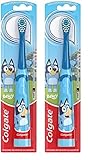 Colgate Kids Battery Powered Toothbrush With AA Battery, Extra Soft Bristles, Flat-Laying Handle to Prevent Rolling, Bluey, 2 Pack