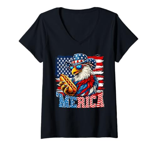 Women's 4th of July Merica Eagle Hotdog Lover USA Flag Patriotic V-Neck T-Shirt