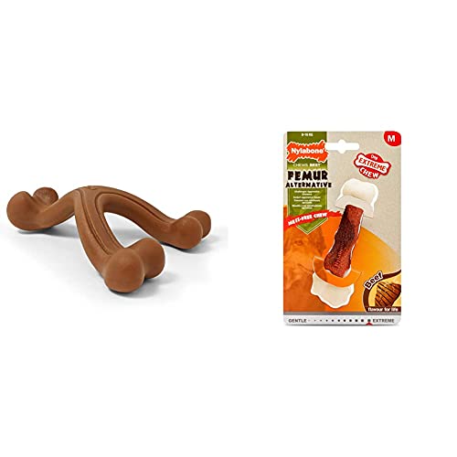Nylabone Extreme Tough Dog Chew Toy, Wishbone Bison Flavour, Large, for Dogs Up to 23 kg & Extreme Tough Dog Chew Toy Femur Alternative, Mess-Free, Beef Flavour, Medium, for Dogs Upto 16 kg