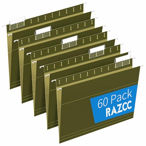 Hanging File Folders, RAZCC 60 Pack Reinforced Hanging Folders Letter Size, Designed for Bulky Files, Filing Cabinet, Adjustable Tabs, Green