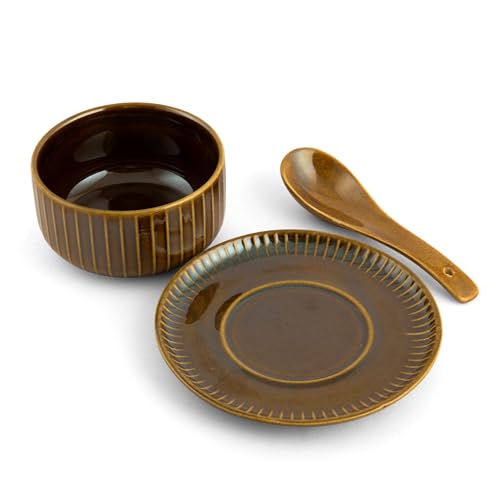 Image of Clay Craft Fine Ceramic 18-Piece Soup Bowl Set | 6 Soup Bowls, 6 Spoons & 6 Under Plates | Striped Glossy Design | 350 Ml | Microwave & Dishwasher Safe | for Serving Soup & Snacks | Golden Brown