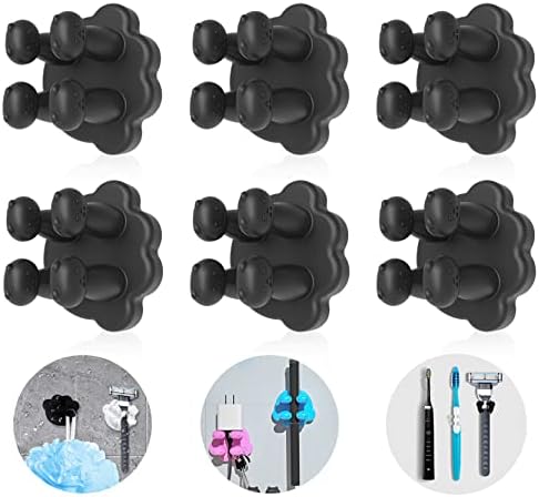6 Pcs Silicone Toothbrush Holders Set, Wall Mounted Cute Bear Single Razor Holder for Shower, Multi-Function Waterproof Self Adhesive Hooks for Hanging in Kitchen, Bathroom, Dorm Room (Black)