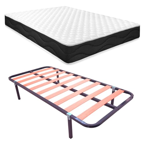 Homey - Cama Completa con Colchón Sleep Pro Reversible + Somier de Láminas Basic con 4 Patas Abrazadera, 90 x 190