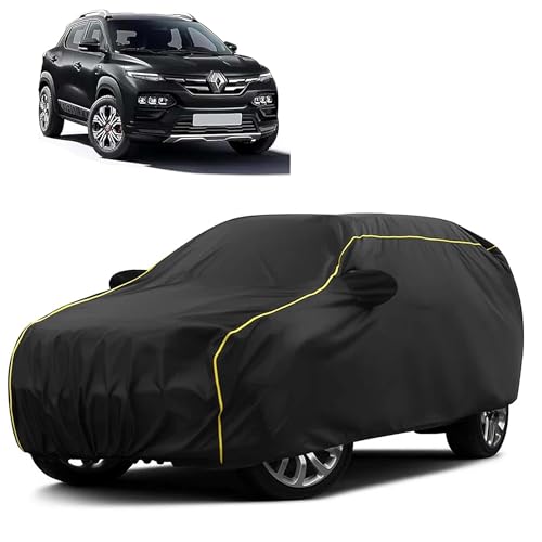 Image of Sulfar 100% Water Resistant Car Body Cover Compatible with Mirror for Renault Kiger (Triple Stitched, Full Bottom Elastic, Black Taffeta with Yellow Piping)