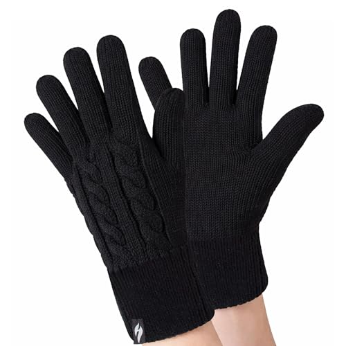HEAT HOLDERS - Ladies Cute Striped Fairisle Warm Knitted Fleece Lined Winter Thermal Gloves (S/M, Black)