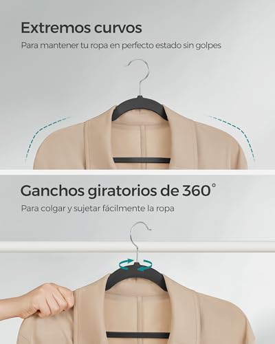 Miniatura 7 de Songmics Perchas De Terciopelo, Juego De 50 Piezas, Antideslizantes, Ranuras Para Hombros, Barra Para Pantalones, Gancho Giratorio 360 , 0,6 Cm De Grosor, 43 Cm Largo, Negro Clásico Crf029b05