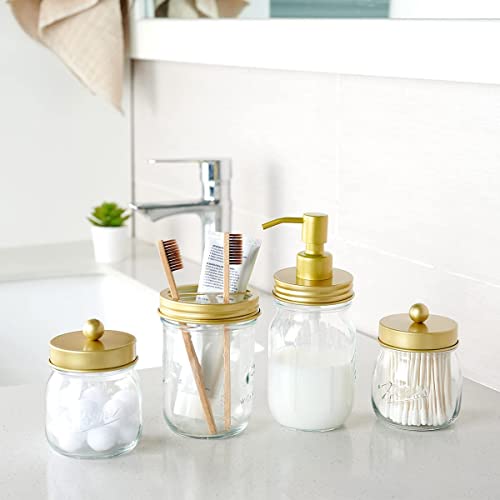 Amolliar Mason Jar Bathroom Accessories Set(4 Pcs) -Lotion Soap Dispenser & 2 Cotton Swab Holder & Toothbrush Holder-Rustic Farmhouse Decor, Countertop Vanity Organize, Bathroom Home Decor (Gold) - Thumbnail 6