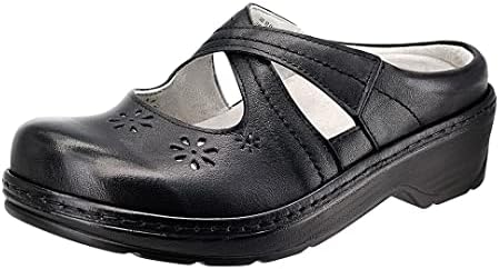 PAMIR Women's Mary Jane Clogs and Mules Leather Shoes with Arch Support Black Floral Size 8 M US