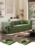 MonicaNest Convertible Sleeper Sofa Bed Corduroy Upholstered Green Modular Floor Couch Queen/King Size Foldable Futon with Memory Foam for Apartment Living Room Bedroom (Off White) (Green, 80.15')