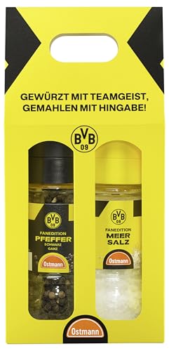 Ostmann BVB x Ostmann – Gewürzmühlen-Set | Ungemahlenes Meersalz und ganzer schwarzer Pfeffer in der Borussia Dortmund Fanedition | BVB Gewürze zum Verschenken | 130 g Salz / 60 g Pfeffer