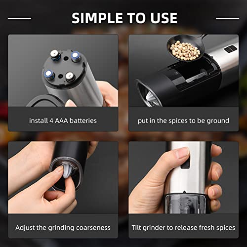 Electric Salt and Pepper Grinder-Gravity Automatic Spice Mill Set-Battery Powered w/LED Light, Adjustable Coarseness, One Hand Operated Smart Kitchen Gadgets, Stainless Steel, 2 Pack