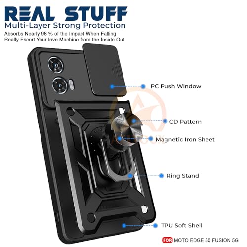 Image of Armor Bumper Back Cover Case for Moto Edge 50 Fusion 5G Rotating Camera Cover, Ring Holder & Kickstand | Heavy Duty & 360 Degree Protection Moto Edge 50 Fusion 5G Back Cover (Black)