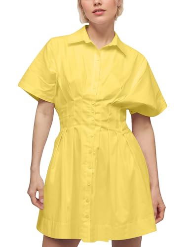Image of Women Summer Short Sleeve Button Front Pleated Shirt Dress Striped Collar V Neck Casual Y2k Swing Short Mini Dress