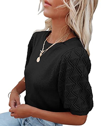 Image of Womens Short Sleeve Sweaters Crewneck Knit Pullover Tops 2025 Summer Casual Lightweight Crochet Blouse Shirt