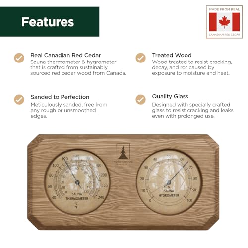 NORTHWOOD Sauna Thermometer & Hygrometer 2 in 1 - Handmade from Canadian Red Cedar Wood - Luxurious Glass and Golden Metal Dials