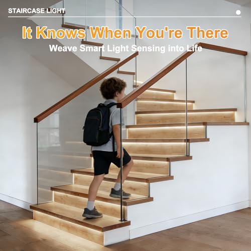 Image of Intelligent Motion Sensor LED Stair Light Kit with Main Wire& Daylight Sensor, Step by Step Control 47.2 Inches Cuttable LED Strip Lights Indoor with Remote (16 Stairs,4000K)