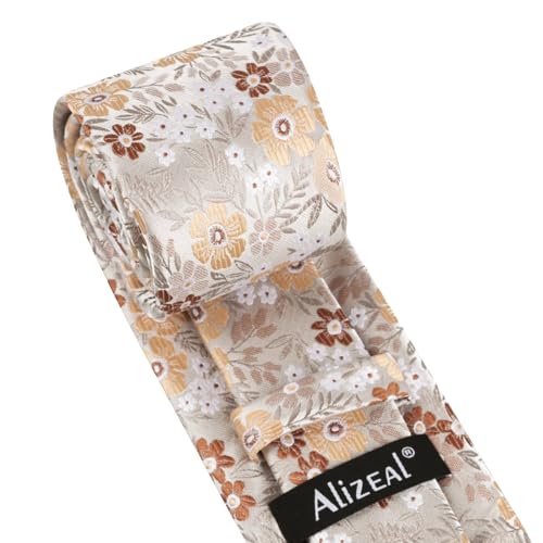 Image of Alizeal Mens 3.15'' Natural Flower Pattern Tie with Floral Pocket Square Set
