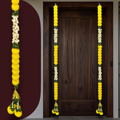 Image of iHandikart Pack of 2 Artificial Yellow Marigold Flower Garlands with White Jasmine Leaves (72 Inch) - Extra Long Decorative Floral Strings for Pooja, Temple, Wedding Backdrop, Diwali, Haldi & Mehandi