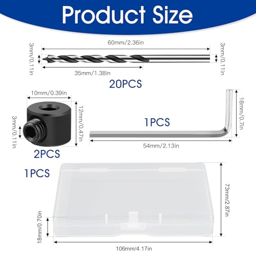 Holzbohrer Set 3mm, 20 Stück Holzbohrer Lang, Karbonstahl Holzspiralbohrer mit Innensechskant-Schraubenschlüssel und Begrenzungsring, Balkenbohrer für DIY-Holzbearbeitung, Gravieren und Bohren