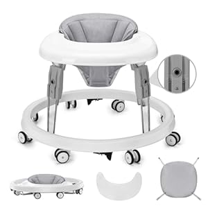Baby Lauflernhilfe, Anti-Collision Design One-Touch Folding Baby Walker, Anti-Roll 8-Rad-Rundfahrwerk, 7-Gang höhenverstellbar, mit großem Essteller und Bremse von 6-18M (Grau)