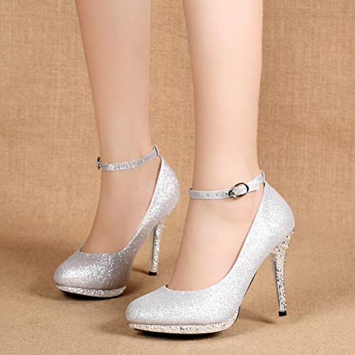 Getmorebeauty Brial Shoes Glitter Wedding Shoes For Bride Silver Women Heels Ankle Strap Dress Shoes Closed Toe Sparkly (Us 8, Silver) #TOP5