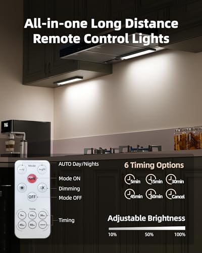 Image of EZVALO 6-Pack Under Cabinet Lighting, 1600mAh Motion Sensor Light, Black LED Closet Lights Wireless, 6500K Dimmable, Timer, Magnetic, with Remote Control for Kitchen, Closet, Stair