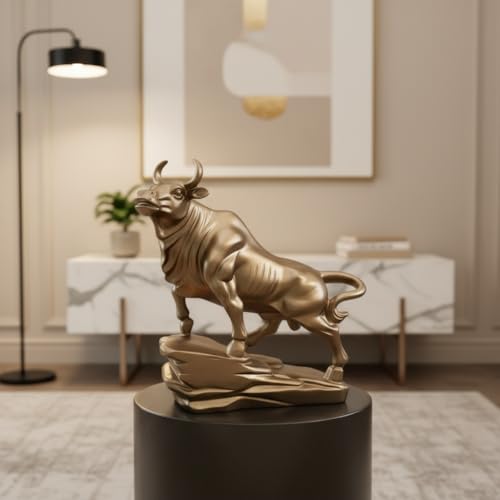 Image of Premium Bull Statue for Home Decor | Charging Bull Table Showpiece | Golden Finish Resin Figurine for Living Room, Office Desk, Wealth & Strength Symbol | 9-Inch Bull Idol for Decoration