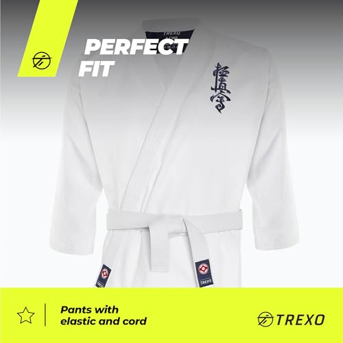 XTREXO TREXO Karatega mit Kyokushin Stickerei für Karate in Weiß für 120 cm Körpergröße Set Regulierbare Hose Kimono Gürtel Ideal für Anfänger Starke Nähte Langlebige Materialien 100% Baumwolle