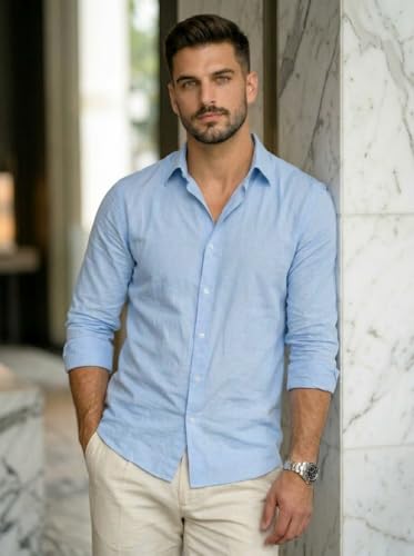 Image of IndoPrimo Men's Cotton Shirt with Stylish Full Sleeves Spread Collared Neck Solid Pattern Western Style Classic Fit and Standard Length | Casual Shirt for Man