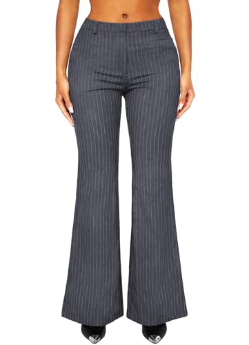 Image of HAWILAND Women Ladies Striped Elasticated Waist Straight Leg Formal Smart Casual Work Office Tailored Trousers Pants Grey Small