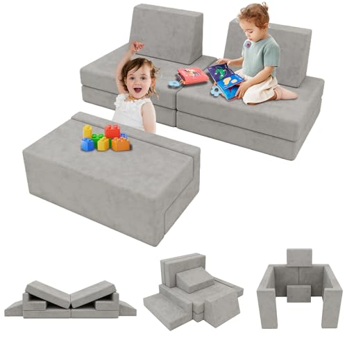 OETPJM 8Pcs Modular Kids Play Couch, Child Sectional Sofa Imaginative Furniture Play Set for Playroom Bedroom Living Room Convertible Foam and Floor Cushion for Boys and Girls
