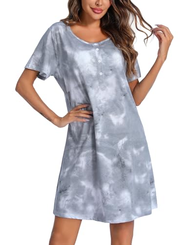 Image of ENJOYNIGHT Womens Short Sleeve Nightgown Tie Dye Nightshirt Nursing Sleepshirts Breastfeeding Sleep Dress