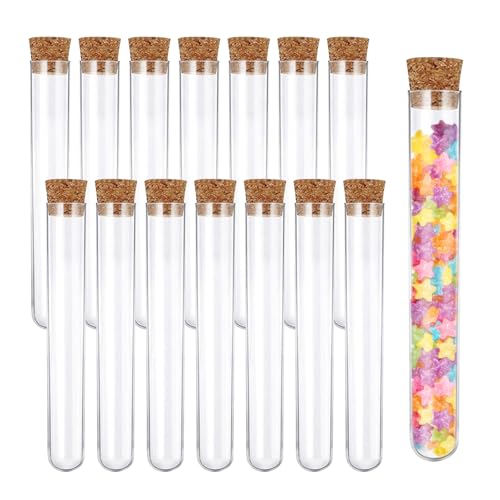 Quelcc 15 Piezas Tubos de Ensayo, Tubos de Ensayo Transparente, Probetas Plastico de Plástico con Tapones de Corcho, para Laboratorio, Especias, Confitería y Manualidades, 12x75mm