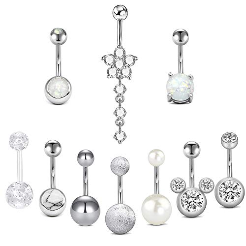 HQN 14G Stainless Steel Opal Belly Button Rings Pearl Navel Ring Barbell Turquoise Navel Piercings Jewelry CZ Dangle Belly Ring Navel Piercing Jewelry