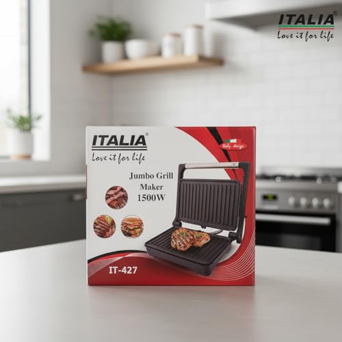 Image of ITALIA 1500W Jumbo Grill Maker | 180 Open Grill, Non-Stick Plates, Fast Heating, Automatic Temperature Control, Cool-Touch Handle, Multi-Purpose Sandwich & BBQ Griller | 1-Year Warranty