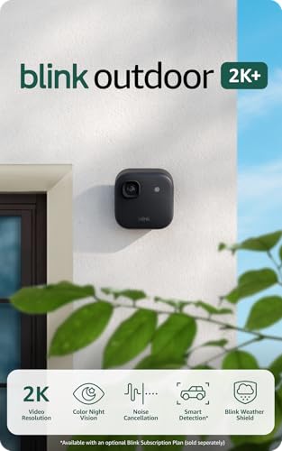 Blink Outdoor 2K+ (newest model) — Wireless smart security camera, 2K video resolution, color night vision, enhanced audio, two-year battery. Sync Module Core included — 3 camera system (Black)