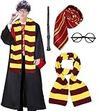 [LAMONKE] ハリーポッター コスプレ グリフィンドール 寮服 ハロウィン 仮装 ローブ 眼鏡 ネクタイ マフラー 魔法の杖 衣装5点セット 大人用 コスチューム パーティー クリスマス USJ ユニバー 学園祭 イベント 男女兼用 (レッド, 大人用-XL)