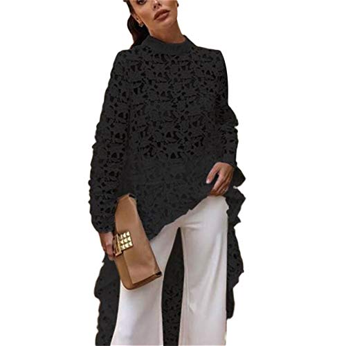 Women Lace Hollow Out Long Sleeve Asymmetrical Irregular Hem Casual Tops Blouse Shirt Dress Black