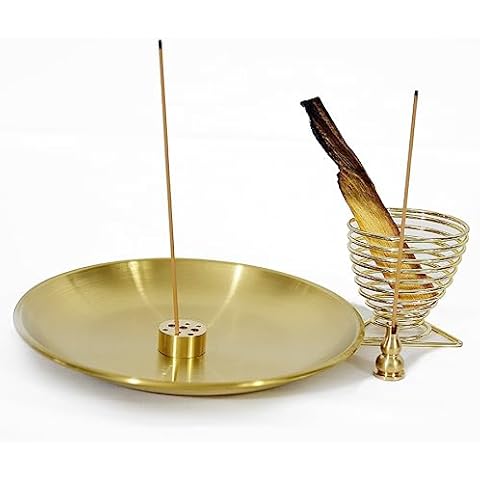 Palo Santo Holder, Sage Holder, Incense Holder for Incense Sticks/Coil Incense/Incense Cones, 5.5 inches Brass Ash Catcher for Meditation Yoga Room (Gold) Cover
