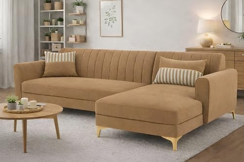 Image of Adorn India Premium Luster 6 Seater L Shape Sofa Set | Velvet Suede Fabric | 3-Year Warranty | RHS |Color Camel with Golden Legs & Striped Pattern Cushion