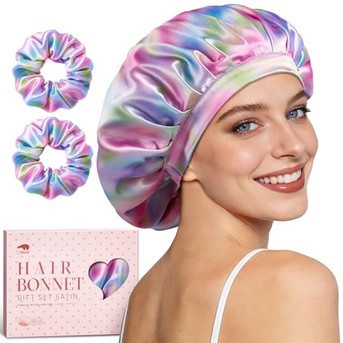 LitBear Silk Satin Bonnet for Sleeping Women, Adjustable Double Layer Hair Bonnet with Scrunchies for Curly Natural Hair, Non Slip Softer Night Sleep Cap XL, Aura