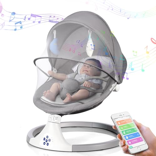 Zxyculture Electric Baby Swing for Infants to Toddler, Portable Babies Swinger for Newborn with 5 Swing Speed, Remote Control, Bluetooth Music Speaker with Five-point Safety Belt and 2 Toys (Gray)